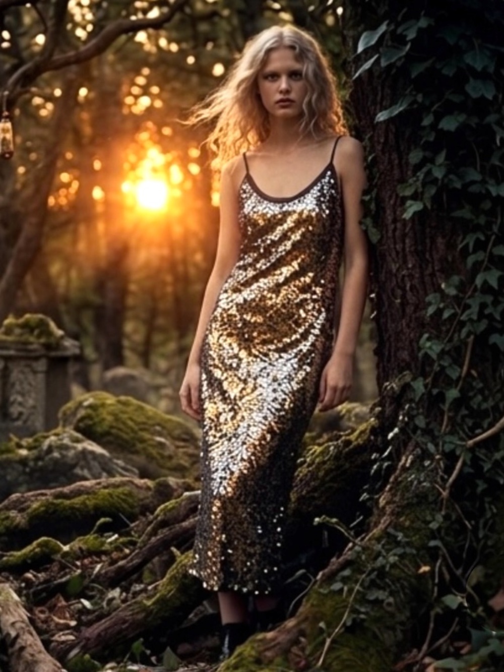 Zara Studio Disco Forest Sequin Slip Dress Gunmetal XS / S Midi Party Rare